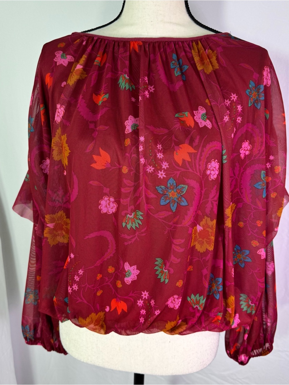 Free People Sheer Floral Boho Blouse Medium Flowing Peasant Top